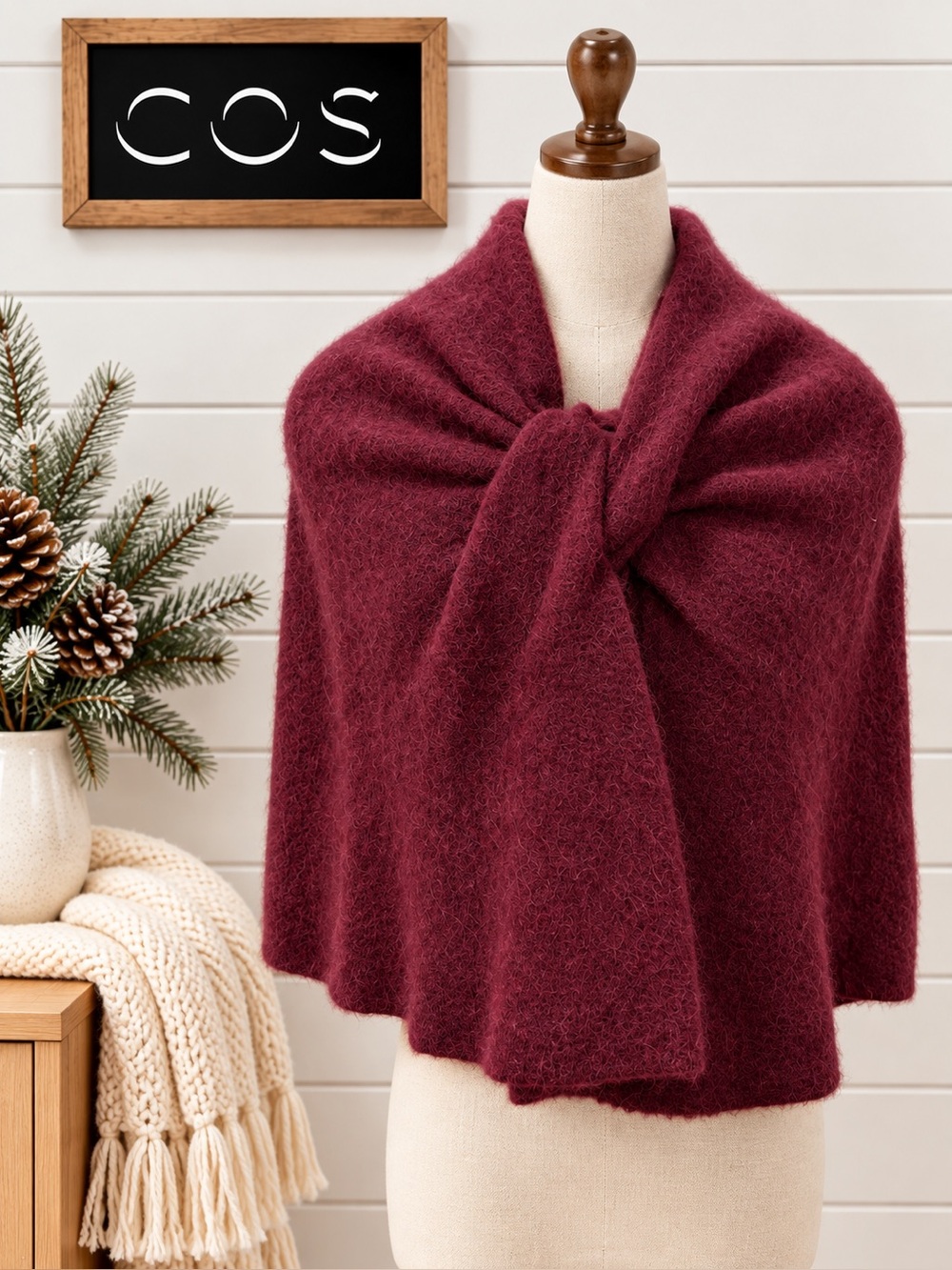 COS Burgundy Wool Blend Stole – One Size